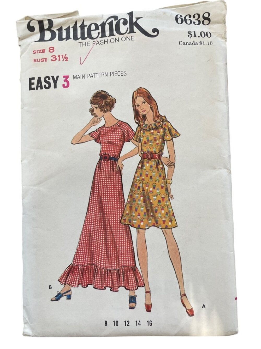 Vintage Butterick 6638 Sewing Pattern Size 8 Misses Dress Flutter Sleeves UNCUT
